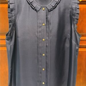 J. Crew Black Sleeveless Silk Blouse with Pleated Trim